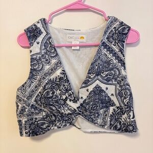 C&C California Front Twist Linen Crop Tank Top Blue White Paisley Womens Large